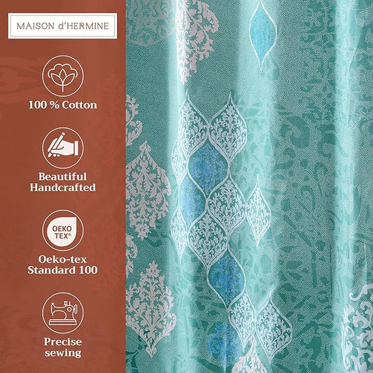Maison d' Hermine Shower Curtain 100% Cotton One Panel 70"x72" Washable Fabric Shower Curtains for Bathroom, Easy Hanging with 12 Button Holes - Home Spa Easter Gifts (Versailles - Turquoise)