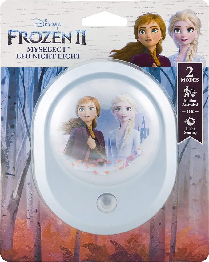 Disney Frozen II MySelect LED Night Light, Motion Sensor, Dusk-to-Dawn | Featuring Anna and Elsa, Ideal for Girls' Bedrooms, Nurseries, or Bathrooms – 44473