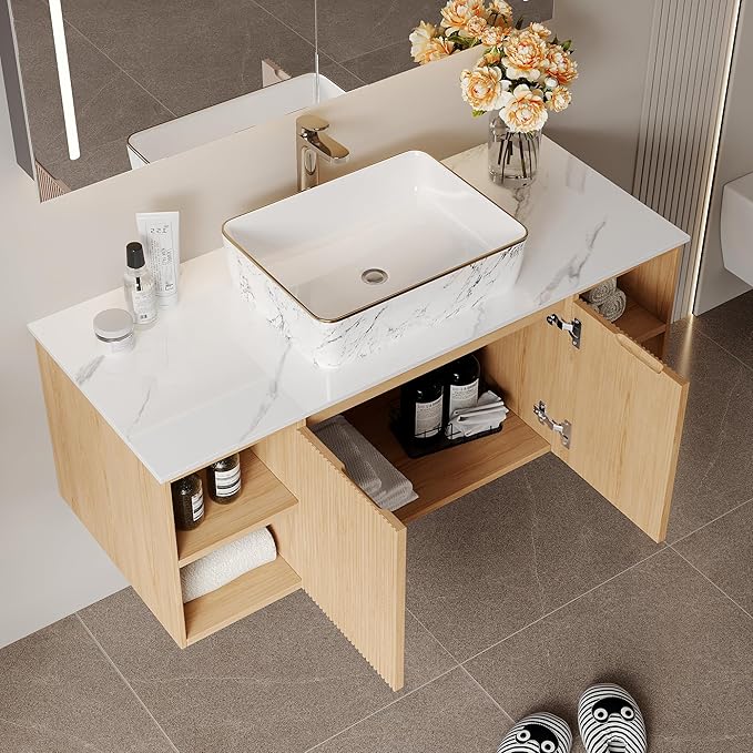 48" Floating Bathroom Vanity with Sink, Modern Vanity Cabinet with Sintered Stone Countertop, Wall Mount Bathroom Sink with Storage, Ceramic Basin, Light Wood