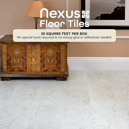 Nexus Self Adhesive 12-Inch Vinyl Floor Tiles, 20 Tiles - 12" x 12", Classic White w/Grey Veins Pattern - Peel & Stick, DIY Flooring for Kitchen, Dining Room, Bedrooms & Bathrooms by Achim Home Decor