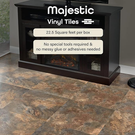 Majestic Self Adhesive 18-Inch Square Vinyl Floor Tiles, 10 Tiles - 18" x 18", Rustic Copper Slate Pattern - Peel & Stick, DIY Flooring for Kitchen, Dining Room & Bathrooms by Achim Home Decor