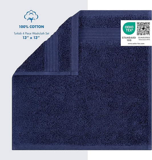 Cotton Paradise 100% Cotton Turkish Washcloth Set for Bathroom, 4 Piece Soft Absorbent Small Towels Wash Rags, Navy Blue