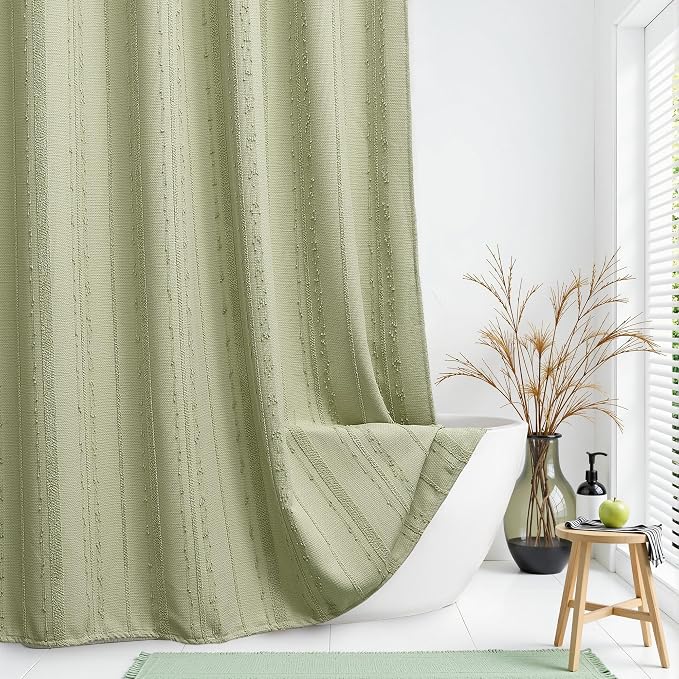 Sage Green Shower Curtain Boho, Cotton Blend Waffle Shower Curtain Farmhouse, Fabric Shower Curtains for Bathroom, Hotel, Washable 72 x 72