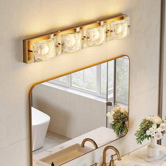 Tribesigns 4-Light Vanity Fixtures, Curved Cloud Glass Lampshades Gold Copper Plate, Modern Bathroom Wall Lighting Fixtures Over Mirror, 3CCT LED Vanity Lights (29-Inch, 3000K/4000K/5000K, Dimmable)