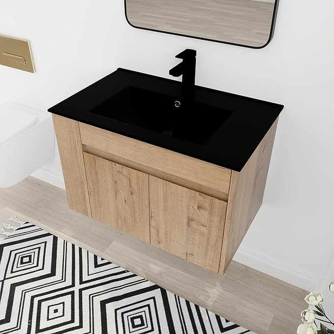 30 Inch Bathroom Vanity with White Sink Combo, Wall-Mounted Bathroom Vanity 2 Door&Adjustable Shelf,Modern Floating Bathroom Cabinet with Black Top Basin & Storage Cabinet,Brown