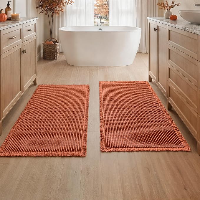 MIULEE Fall Orange Set of 2 Waffle Bathroom Runner Rugs 2'x4'(24"x48") | Non Slip, Super Absorbent, Washable, Ultra Soft, Boho Bath Mats for Bathroom Hallway Bedroom Laundry Room Kitchen