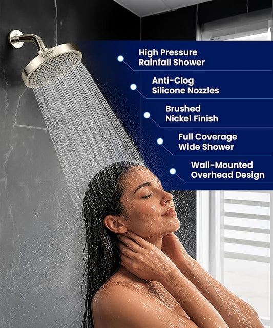 Shower Head - Luxury Brushed Nickel Finish - Rain Showerhead 6 Inch | High Pressure Shower Heads with Adjustable Angles, 90 Anti-Clog Nozzles, Tool-Free 1-Min Install