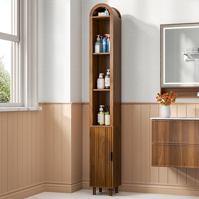 Narrow Bathroom Storage Cabinet Set, Tall Arched Small Wood Cabinet, Slim | Skinny Mid Century Modern Towel Cabinet, Fluted Doors, 4 Tier Shelves, Wooden Display Cabinet for Living Room, Walnut, 2 Pcs