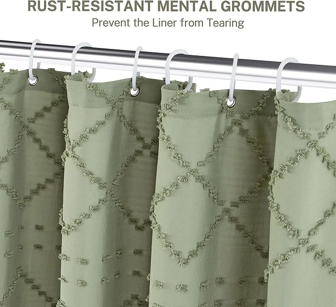 Small Stall Boho Shower Curtain - Sage Green Tassle Woven Fabric - 36 x 72 Half Size - Tufted Chevron Striped Textured Modern Farmhouse Minimalist Cloth Shower Curtain for Bathroom