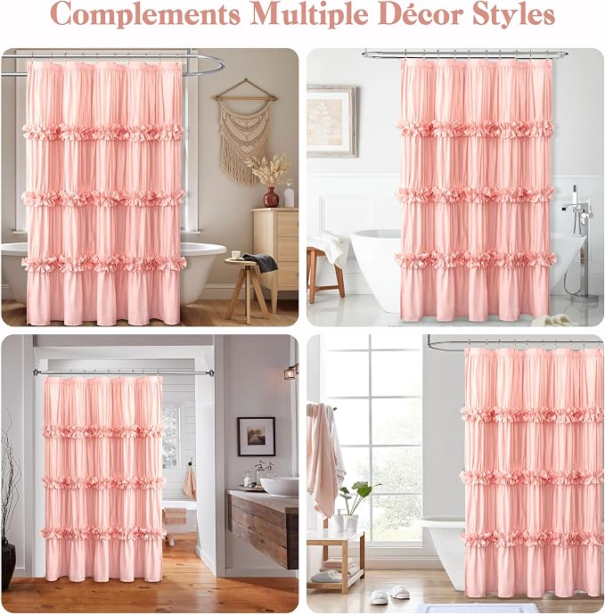 Homechoice Decor Victorian Peach Ruffle Shower Curtain with 10 Buttonholes | Stall Size Bath Curtain 60"W x 72"L, Ruched Microfiber Vintage Handcrafted Bow Tie, Machine Washable and Dry Quickly (LQ-10)