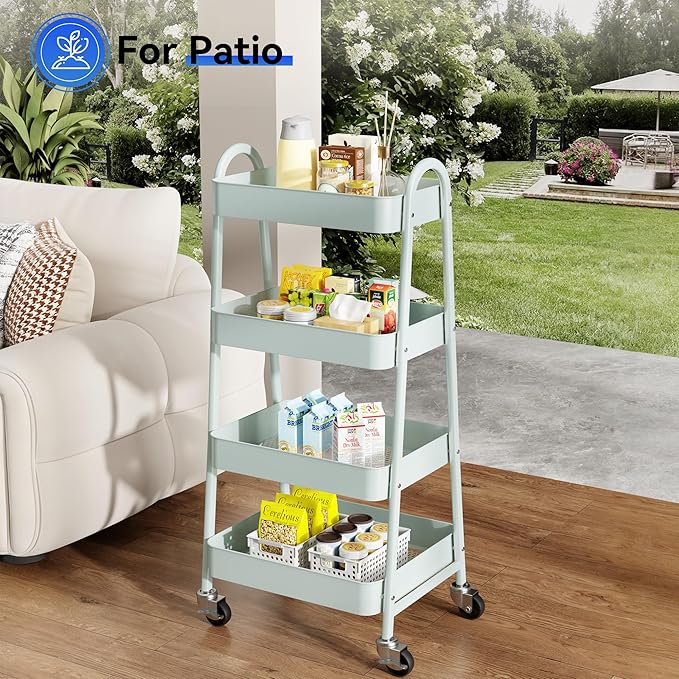 OLIXIS Metal 4 Tiers Utility Rolling Cart, Mobile Storage Shelf with Lockable Caster Wheels, Organization for Livingroom, Bathroom, Kitchen, & Narrow Places, 4-Tier Green