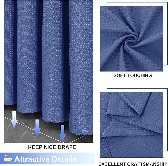Blue Shower Curtain Set, Waffle Textured Heavy Duty Fabric Shower Curtain for Bathroom, Luxury Hotel Weighted 230GSM Bath Curtain with 12 Plastic Hooks, Machine Washable, 72x72