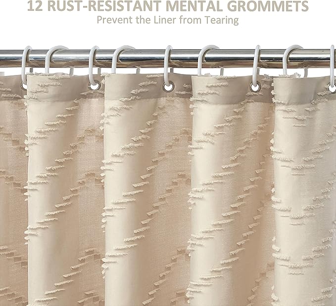Siiluminisoy Extra Long Farmhouse Boho Chevron Shower Curtain, Woven Fabric 96 in Beige Shower Curtain, 72 x 96, Tufted Striped, Modern Chic Textured Shower Curtain Set Minimalist Bathroom Decor