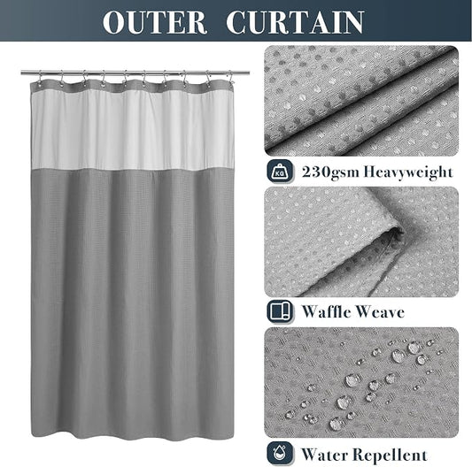 N&Y HOME 54 x 78 Waffle Weave Shower Curtain with Snap-in Liner Set Gray | 12 Metal Hooks Included, Snap on/off Fabric Liner, Hotel Style & Mesh Top Window, Machine Washable, 54x78 Shower Stall Size