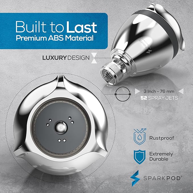 SparkPod High Pressure Shower Head, 3 Inch Fixed Showerhead, Chorme | Rain, Pulsating & Combo Modes, Helps Boosts Low Water Pressure, Anti-Clog Nozzles, Easy Install