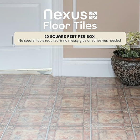 Nexus Self Adhesive 12-Inch Vinyl Floor Tiles, 20 Tiles - 12" x 12", Spanish Rose Pattern - Peel & Stick, DIY Flooring for Kitchen, Dining Room, Bedrooms & Bathrooms by Achim Home Decor