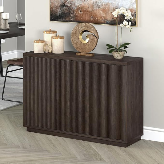 Henn&Hart 48" Fluted Sideboard Buffet Cabinet, Ribbed Wooden Credenza with 3 Doors, Adjustable Shelves, and Cable Management Cut-Outs for Dining Room, Kitchen, Living Room or Entryway, Warm Brown
