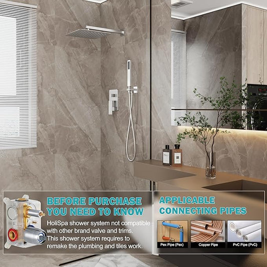 10" Rain Shower System with Handheld & Valve, Brushed Nickel | Wall-Mounted High-Pressure Shower Faucet Combo Set, 10-Inch Rain Shower Head with Handheld Spray,Includes Valve and Trim Kit