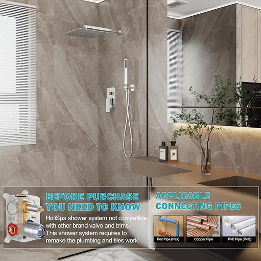 12" Rain Shower System with Handheld & Valve, Brushed Nickel | Wall-Mounted High-Pressure Shower Faucet Combo Set, 12-Inch Rain Shower Head with Handheld Spray,Includes Valve and Trim Kit