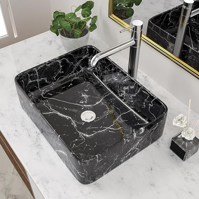 Bathroom Vessel Sink - Beslend 19''x15'' Rectangle Above Counter Marble Porcelain Ceramic Vessel Sink Art Basin