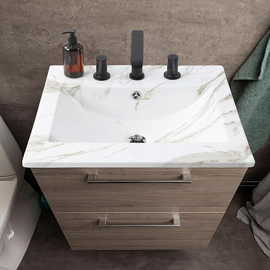 JONATHAN Y Ancillary 20" Bathroom 3-Hole Sink Top, White Marble Effect | Ceramic Vanity, 18.25" Rectangular Single Basin, Glossy Finish, 8" Centerset Faucet Holes, Overflow Drain, Contemporary Style