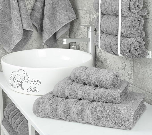 American Soft Linen Premium 3 Piece Towel Set, 1 Bath Towel 1 Hand Towel 1 Washcloth, 600 GSM 100% Cotton Turkish Towels for Bathroom, Light Grey Towel Set