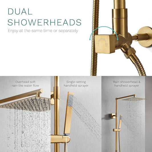 Polaris Lux Rain Shower System, includes 10” Square Rainfall Shower Head and Handheld Shower Combo, Height Adjustable Spray Holder, Retrofit, 60” Hose (2.5 GPM Brushed Gold)