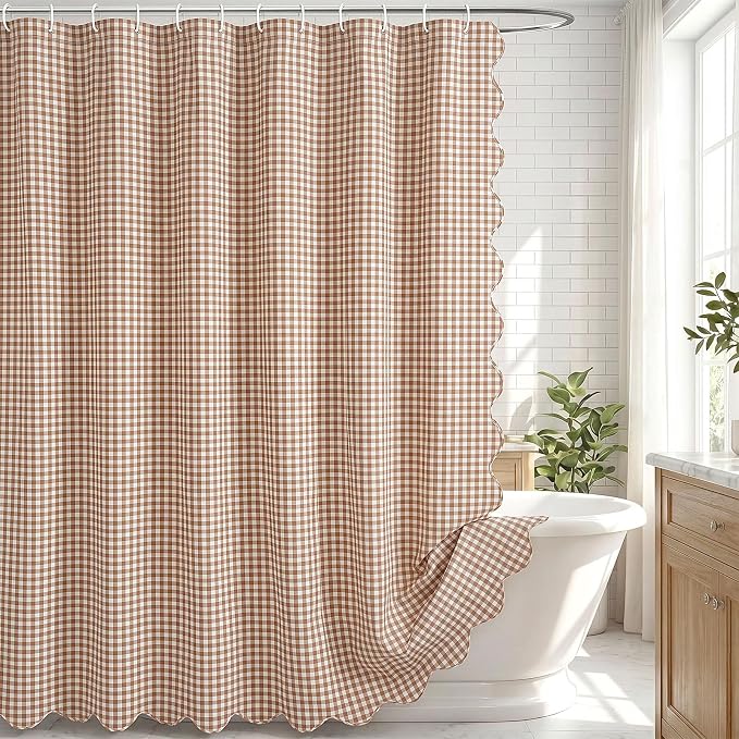 HunnmingRe Scalloped Gingham Shower Curtain Taupe | 72'' x 72'' Vintage Farmhouse Curtain, Cotton Cottage Core Rural Checkered Plaid Decor, Fall Shower Curtain for Bathroom