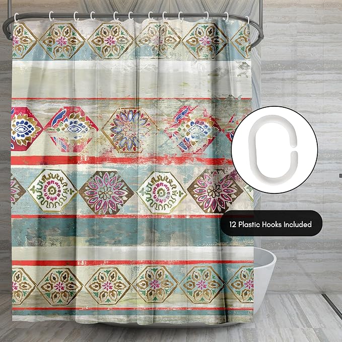 Americanflat 71x74 Boho Shower Curtain - Water-Resistant Long Shower Curtain with Durable Metal Grommets and 12 Hooks - 100% Polyester - Turquoise, Rust Red, Magenta and Olive Green