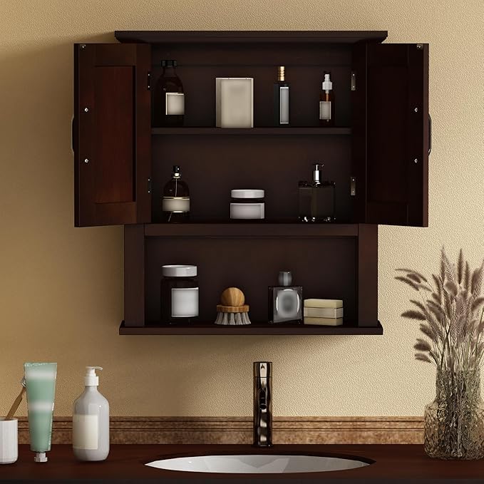 ChooChoo Wood Bathroom Wall Cabinet with Door, Dark Cherry Medicine Cabinet | Rustic Over The Toilet Storage Cabinet, Adjustable Shelf, Open & Concealed Storage, 7.5 x 21.6 x 24 Inches