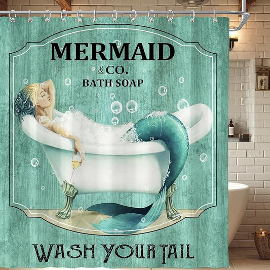 Teal Vintage Mermaid Shower Curtain for Bathroom 72W*72H Inch Little Teal Green Mermaid Wash Your Tail Bathtub Decor Funny Ocean Bathtub Bubbles Wood Aesthetic Waterproof Polyester Fabric