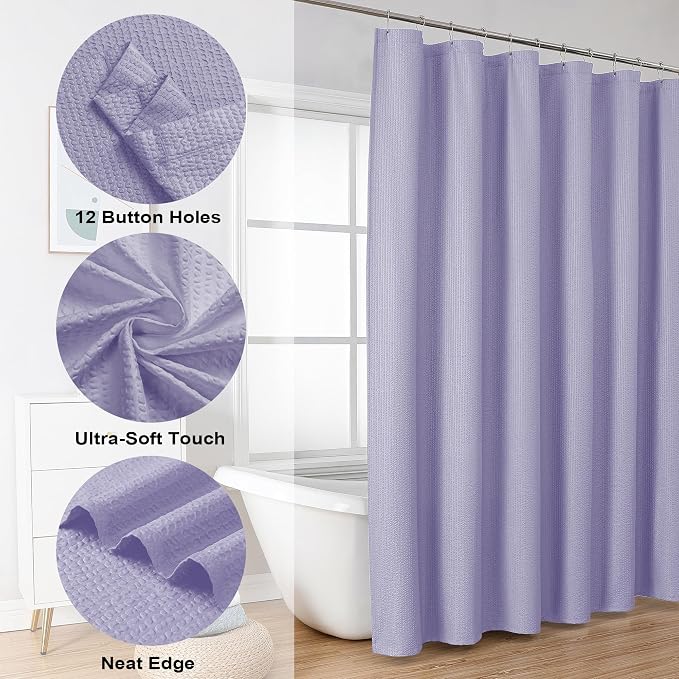 Lavender Shower Curtain, Embossed Textured Fabric Bath Curtain for Bathroom - Soft Cloth Hotel Spa Luxury, Water Repellent, Machine Washable Long Shower Cloth Curtain, 72Wx78L Inches