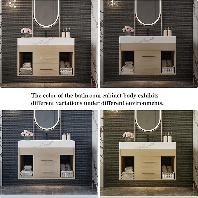 30 inch Modern Floating Bathroom Vanity with Sink, Wall Mounted Bathroom Cabinet with Undermount Ceramic Sink, Sintered Stone Countertop, 2 Soft Closing Drawers & Open Storage Shelf, Natural
