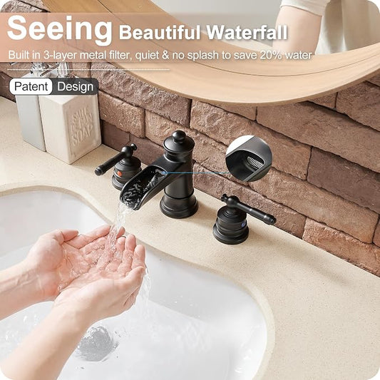 Black Waterfall Bathroom Faucet Widespread, Brass Bathroom Faucets for Sink 3 Hole, 4-16 Inch Faucet Bathroom Vanity Faucet with 2 Handles Supply Hoses & Pop-Up Drain for Modern Farmhouse