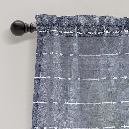 Lush Decor Farmhouse Textured Sheer Window Curtain Valance, 52"W x18"L, Navy
