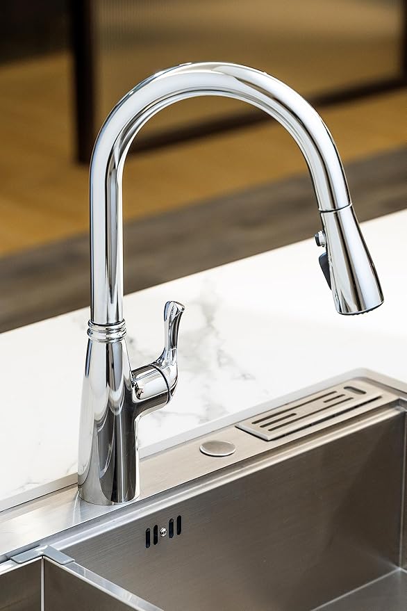 Amazon Basics Pull-Down Sprayer Kitchen Faucet with Fast Mount, 3 Spray Mode, Chrome Finish, Easy Installation, 1-Pack