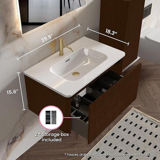 30 Inch Bathroom Vanity with Sink, Modern Floating Vanity with Push Open Soft Close Drawer, Large Storage for Small Space, Brushed Black Oak, Fully Assembled - Camellia Collection
