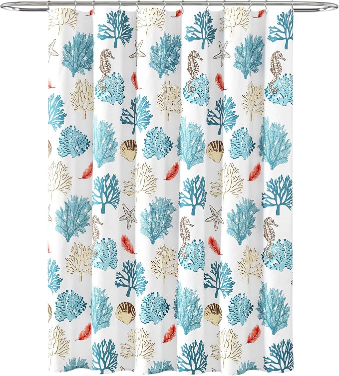 Lush Decor Coastal Reef Feather Shower Curtain, 72" W x 72" L, Blue & Coral - Coastal Shower Curtain - Fabric Curtains - Ocean Bathroom Decor - Beach House - Beachy Room