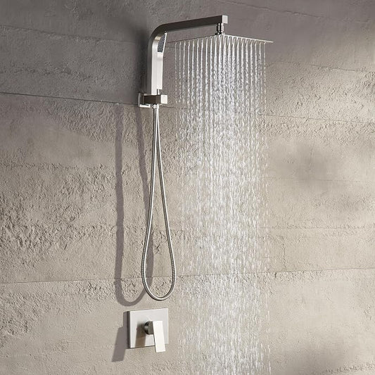 Shower Faucet Set with Rain Shower Heads with Handheld Spray,Brushed Nickel | 10-inch rainhead, 3-way diverter, all matal handshower with hose, brass pressure balancing shower valve, wall-mount