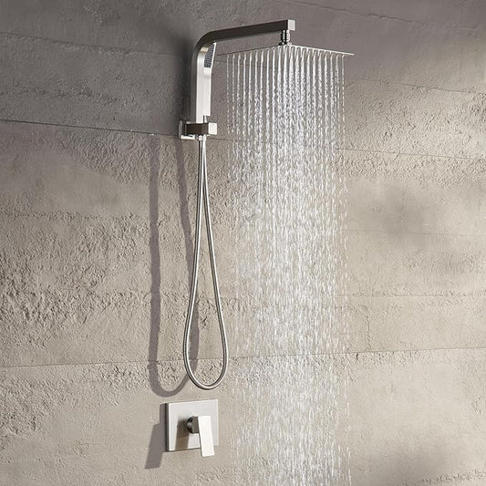 Shower Faucet Set with 10 Inch Shower Heads with Handheld Spray Combo, Rainfall Bathroom Shower System Rain Shower Head and Handle Set, Dual Shower Heads with Handheld Spray Combo, Brushed Nickel