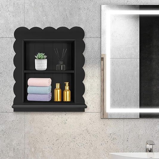 Royxen 14"x18" Recessed Medicine Cabinet, 2-Tier Wooden Bathroom Wall Cabinets Without Mirror,Scalloped Large Medicine Cabinet Niche for Bathroom Storage Organizer (Black, 14 x 18 Inch)