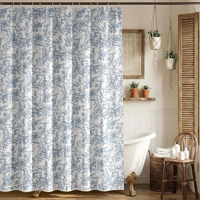 Farmhouse Blue Floral Shower Curtain with 12 Clear Rings 72"W x 72"L | Boho Fabric Shower Curtain Set, Vintage Cottagecore Shower Curtain for Bathroom