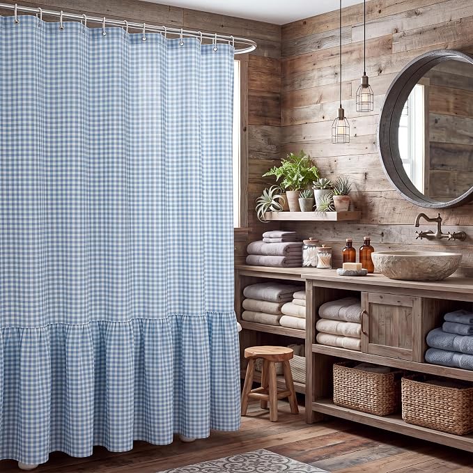 HunnmingRe Ruffle Hem Gingham Shower Curtain Light Blue | 72'' x 72'' Vintage Farmhouse Curtain, Cotton Cottage Core Rural Checkered Plaid Decor, Fall Shower Curtain for Bathroom