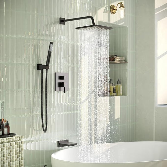 Esnbia Shower System with Tub Spout,Black Bathtub Shower Faucet Set,10 Inches Rain Shower Heads with Handheld Spary Combo, Tub Shower Kit with 3-Way Shower Valve, Matte Black