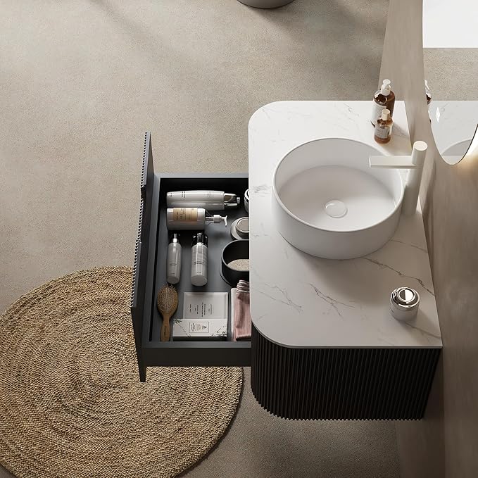 36'' Floating Vanity with Sink Combo, Modern Wall-Mounted Curved Edges Striped Bathroom Storage Cabinet with Soft-Close Drawer and White Artificial Marble Basin, Black