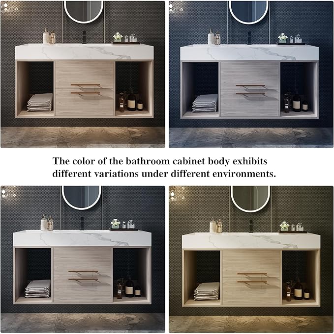 40 inch Modern Floating Bathroom Vanity with Sink, Wall Mounted Bathroom Cabinet with Ceramic Sink, Sintered Stone Countertop, 2 Soft Closing Drawers & Open Storage Shelf, Light Oak