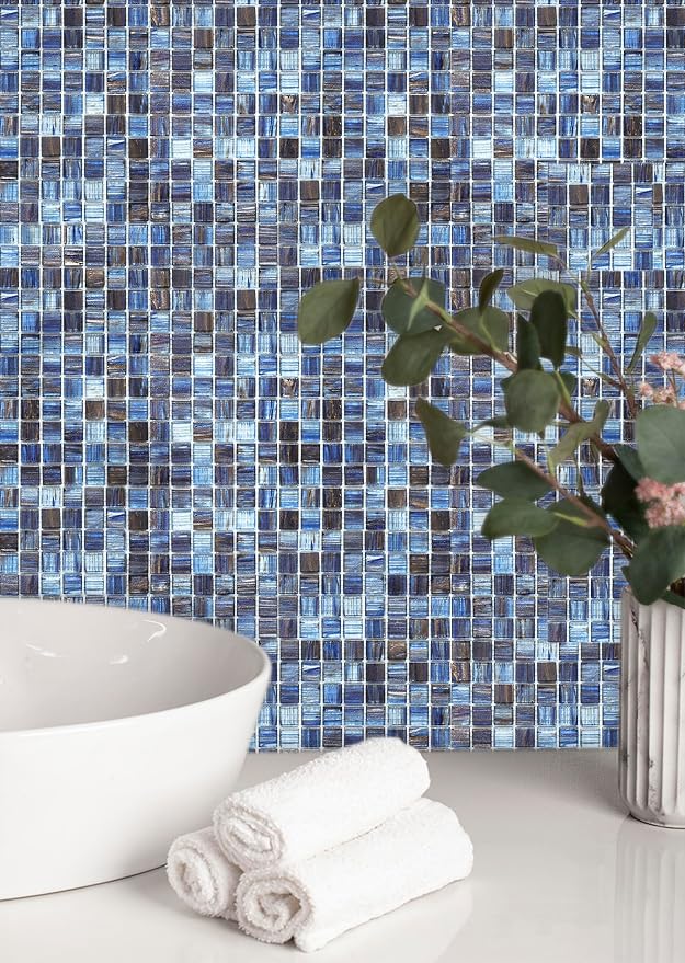 Glass Mosaic Tile Backsplash, 12” x 12” Mesh-Mounted Dark Blue Glass Wall Tile for Kitchen Bathroom Swimming Pool (8 Sheets, 8 sq.ft)