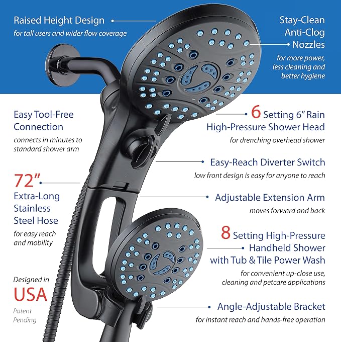 AquaCare 50-mode High Pressure Shower Head Combo with Arm & Dual Power Wash | Hygienic Jets, 2-mode Handheld Power Wash for Tub, Tile & Pets, Long 6 ft. Stainless Steel Hose, Extra Wall Bracket / Bronze