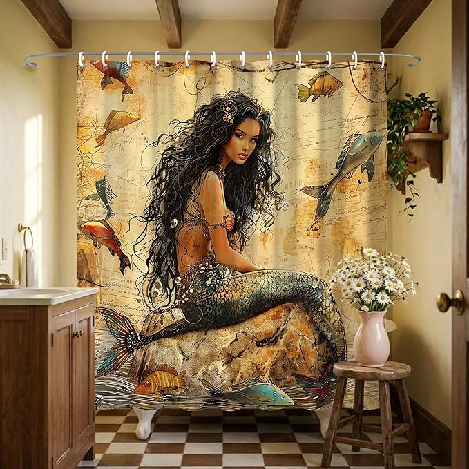 Vintage Mermaid Shower Curtains,Earth Tone Ocean Theme Fish Shower Curtains for Bathroom,Funny Waterproof Polyester Mermaid Bathroom Decor,72x72 Inch