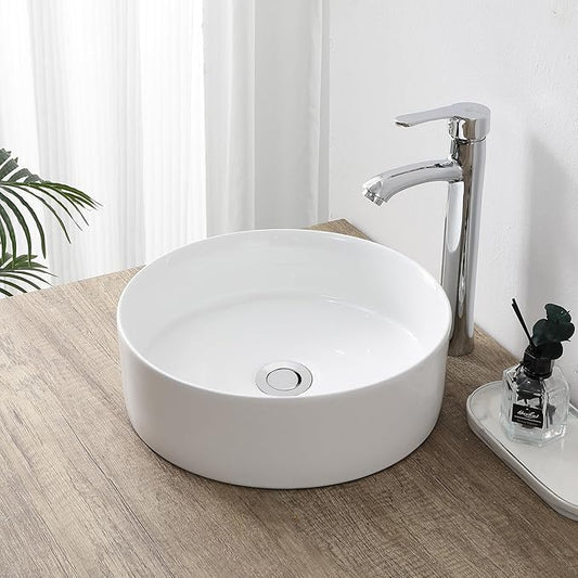 JONATHAN Y Contemporary Round Ceramic Vessel Sink, 14.25" White Bathroom Sink Above Counter, Modern Straight-Sided Porcelain Vanity Sink Bowl, Art Deco Vanity Top Basin for Lavatory and Powder Room